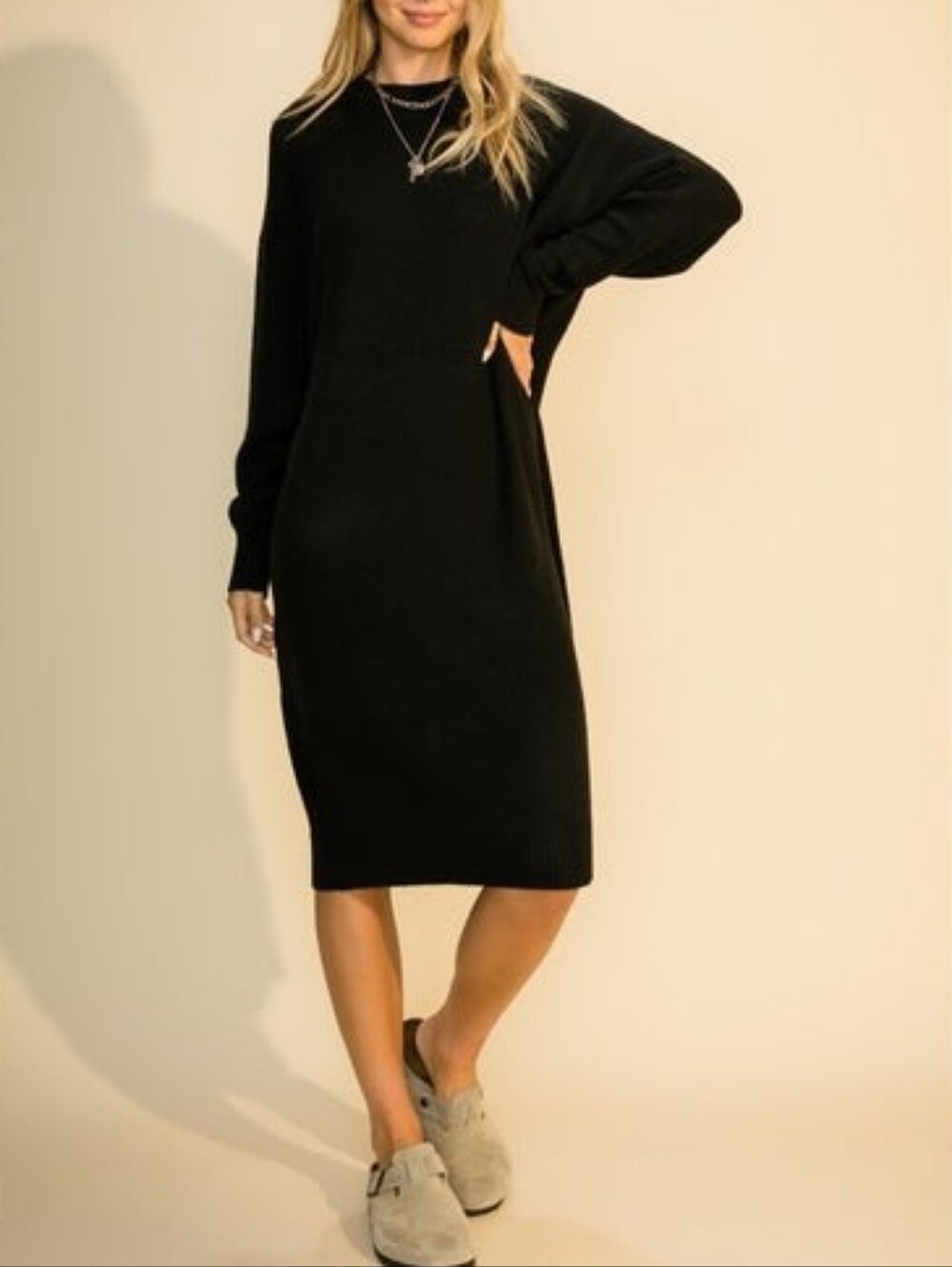 Double Zero Classic Black Long-Sleeve Knit Midi Dress